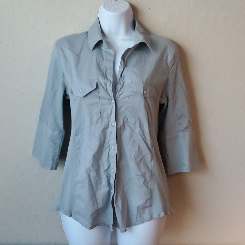 Boston Proper Gray Button Down Shirt 100% Cotton Stretch Side Panels 3/4 Sleeve